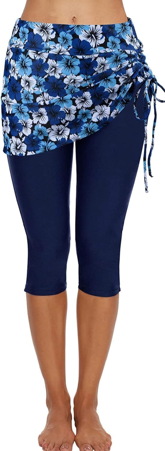 Ecupper Badehose Damen Lang Schwimmhose Capri Badeleggings Mit Rock Schwimm M Blaue Blumen, M Blaue