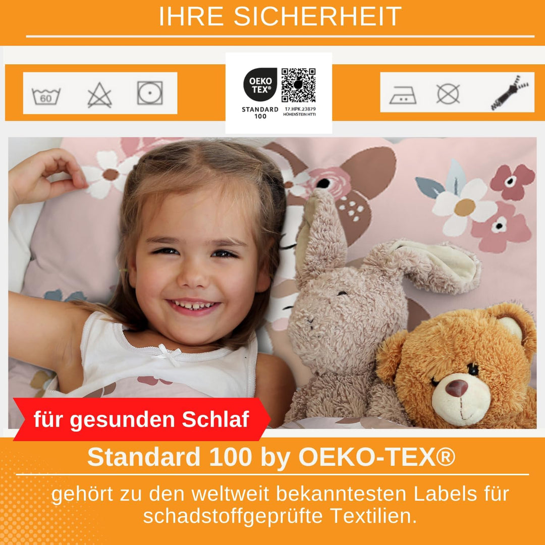 Aminata kids Kinderbettwäsche 100x135 Mädchen REH-Kitz Waldtiere Tier-Motiv Kinder-Wende-Bettwäsche-