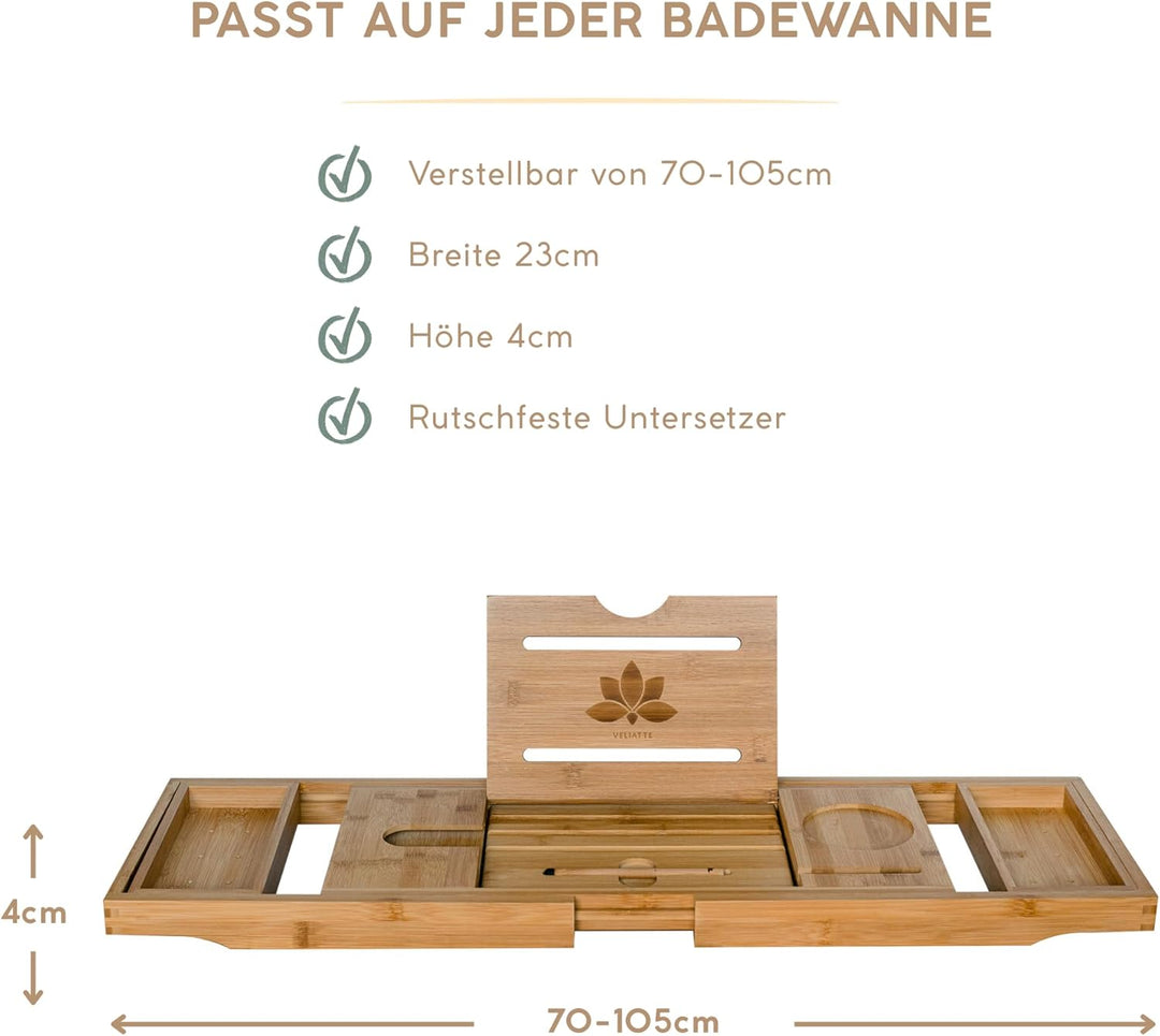 VELIATTE Badewannenablage Ausziehbar Holz 70-105 x 23 x 4 cm - Bamboo Bathtub mit Ständer und Stift