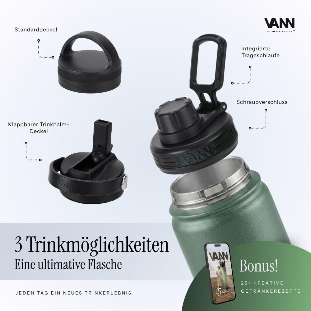 VANN Trinkflasche 1L mit Strohhalm - Thermosflasche isoliert [24h kalt, 12h warm] - Trinkflasche Ede