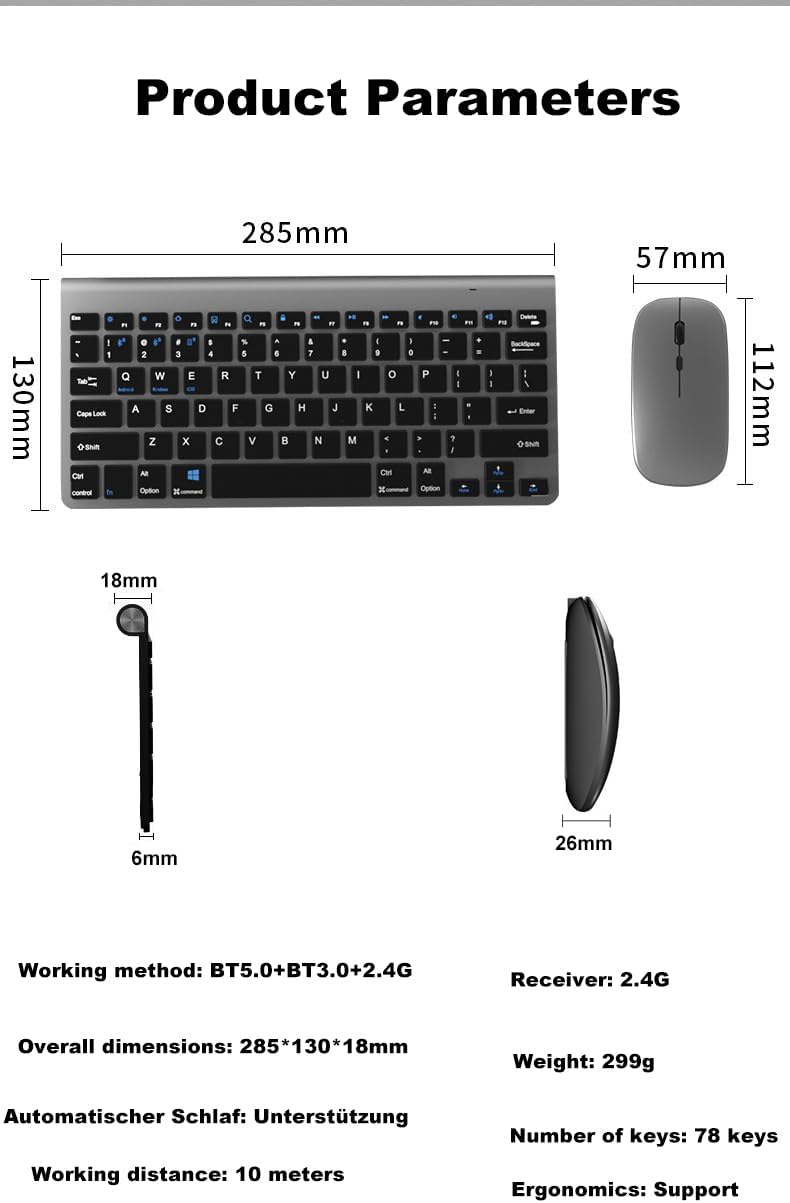 Tastatur Maus Set Kabellos, Bluetooth5.0/3.0 Tastatur & 2.4 GHz USB 3 Mode, Funktastatur Mit Maus Si