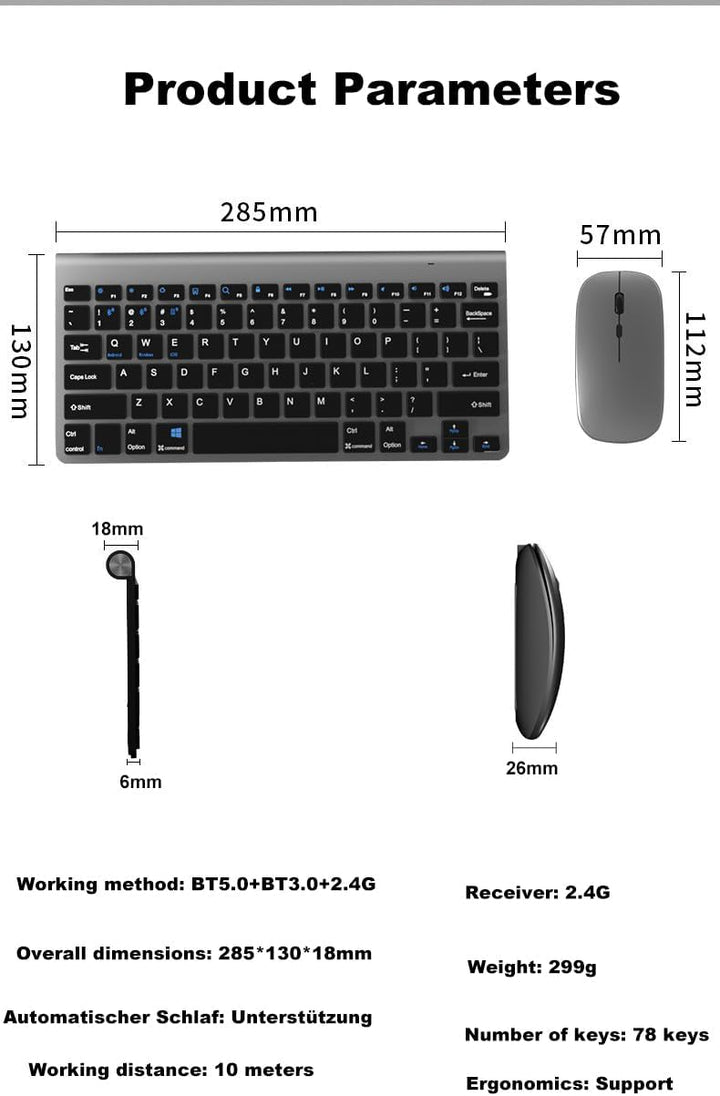 Tastatur Maus Set Kabellos, Bluetooth5.0/3.0 Tastatur & 2.4 GHz USB 3 Mode, Funktastatur Mit Maus Si