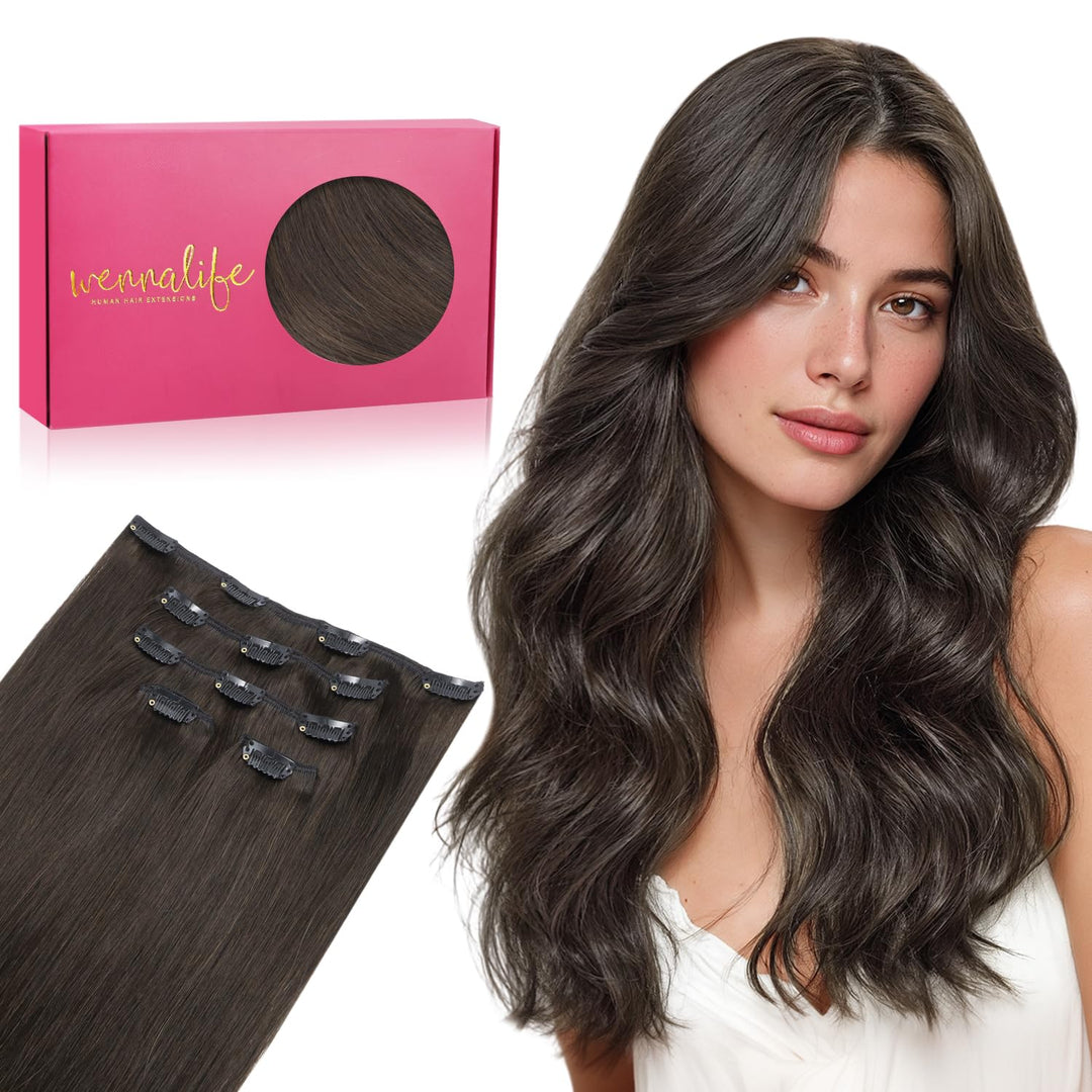 WENNALIFE Clip in Extensions Echthaar, 75g 5pcs 40cm Dunkel Braun Extensions Clip in Remy Clip in Ex