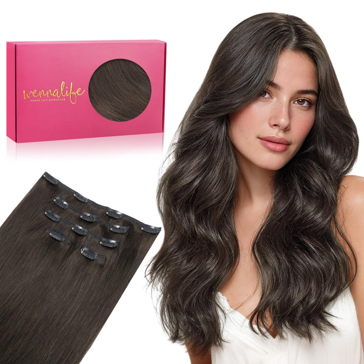 WENNALIFE Clip in Extensions Echthaar, 75g 5pcs 40cm Dunkel Braun Extensions Clip in Remy Clip in Ex