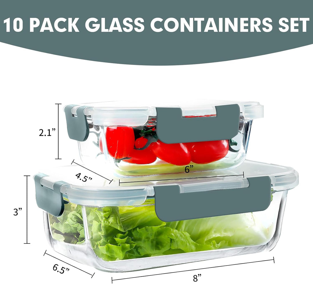 VERONES 10 Stück Glas Crisper Set, luftdichte Glas-Lunchbehälter, Abgedichtete & stapelbare Glasbehä
