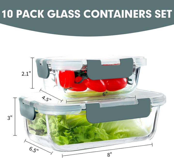 VERONES 10 Stück Glas Crisper Set, luftdichte Glas-Lunchbehälter, Abgedichtete & stapelbare Glasbehä