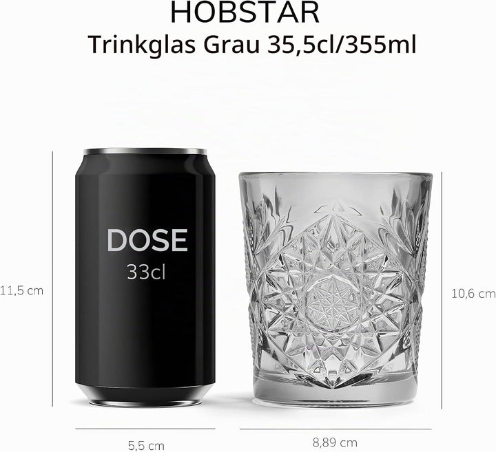 Libbey Trinkglas Hobstar Grau - 355 ml / 35,5 cl - 6 Stück - Vintage-Design - spülmaschinenfest - ho