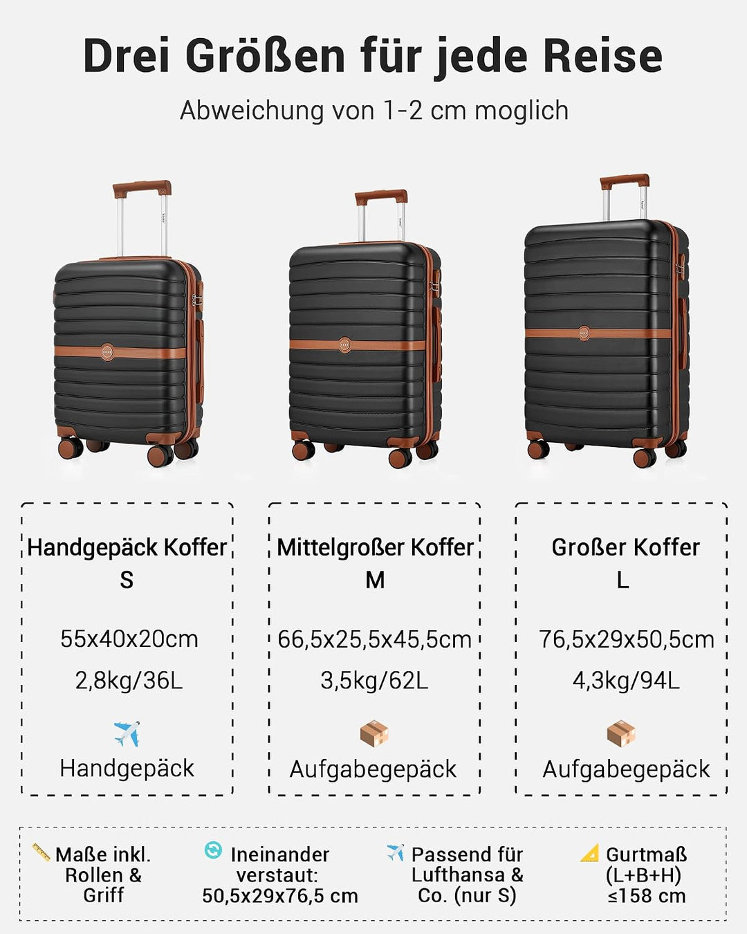 KONO Koffer Reisekoffer Trolley Kofferset 3 Teilig von ABS+PC Hartschalenkoffer mit Zwillingsrollen