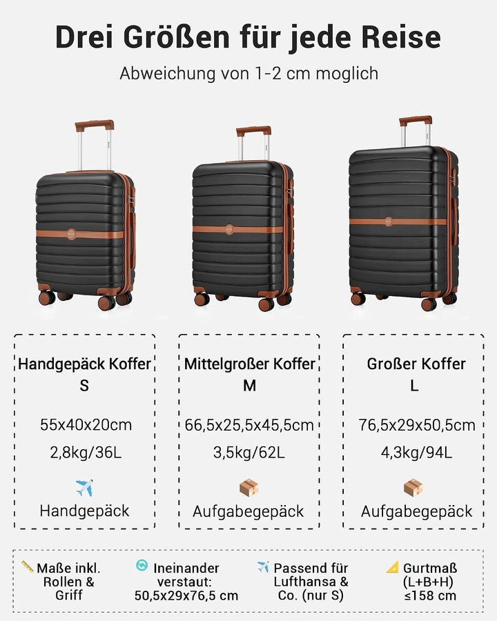 KONO Koffer Reisekoffer Trolley Kofferset 3 Teilig von ABS+PC Hartschalenkoffer mit Zwillingsrollen