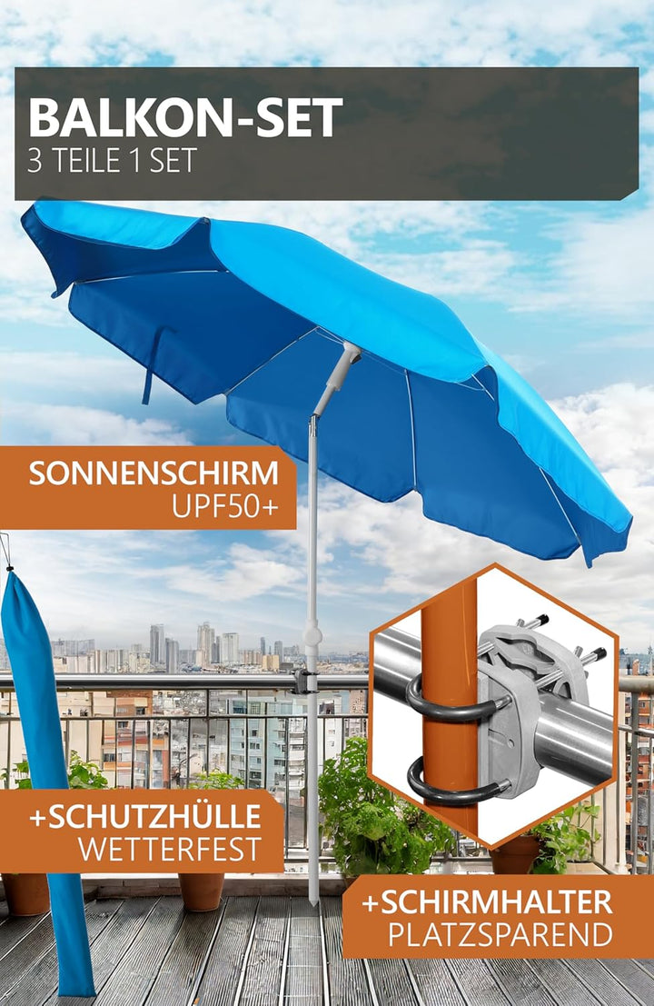 4smile Sonnenschirm Balkon SunnyJoy, 3-in-1 SET, Blau - UPF 50+ Sonnenschirm Ø 180 cm + Sonnenschirm