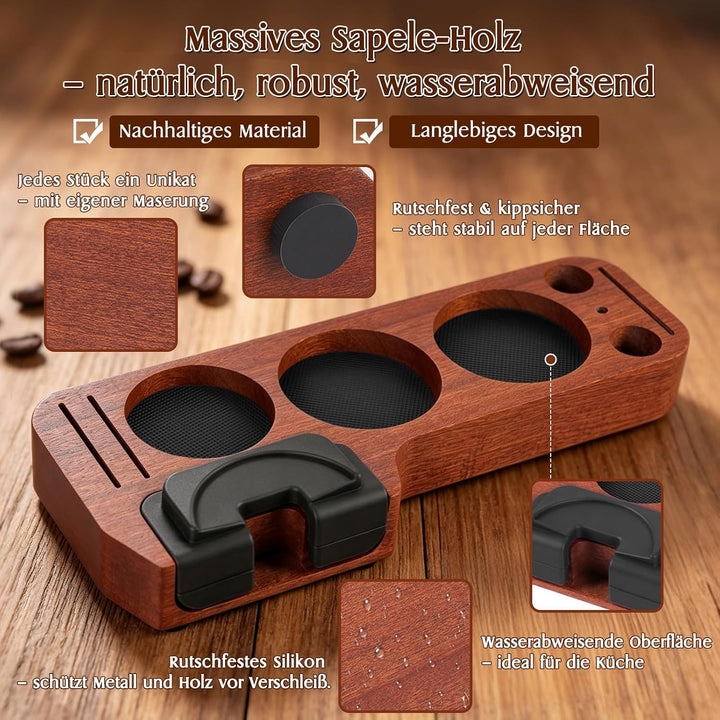 51mm Espresso Zubehör Set 8 teilig mit Holz-Tamperstation, Tamper, WDT Tool, Dosing Ring, Verteiler,