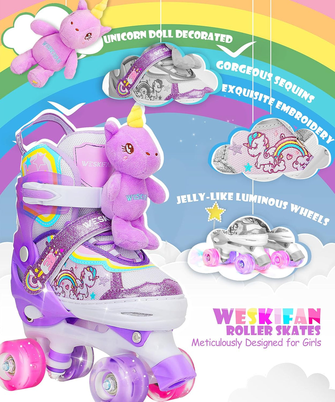 Kinder Einhorn-Puppe Rollschuhe für Mädchen 4 Grössen Verstellbar Mit Leuchtenden Rädern Quad Roller
