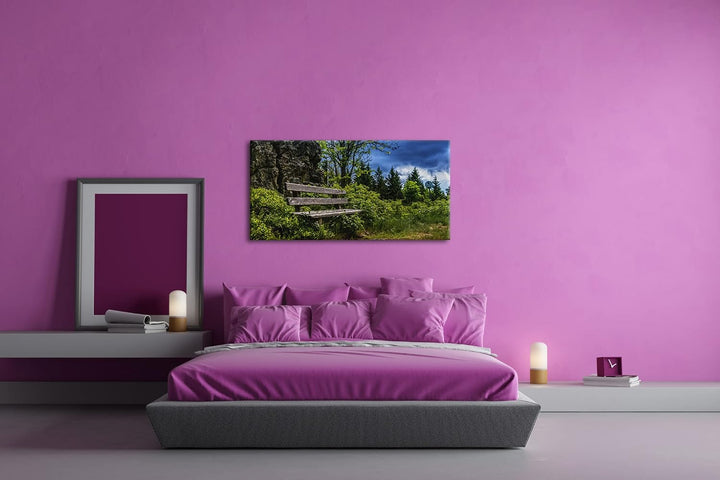 einsame Bank am Waldrand Panorama 120x60 cm als Leinwandbild, Motiv fertig gerahmt auf Echtholzrahme