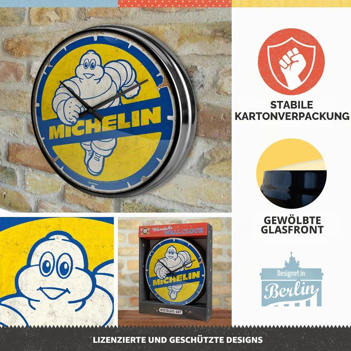 Nostalgic-Art Retro Wanduhr, Ø 31 cm, Michelin – Bibendum 80s – Geschenk-Idee für Motor-Fans, Origin