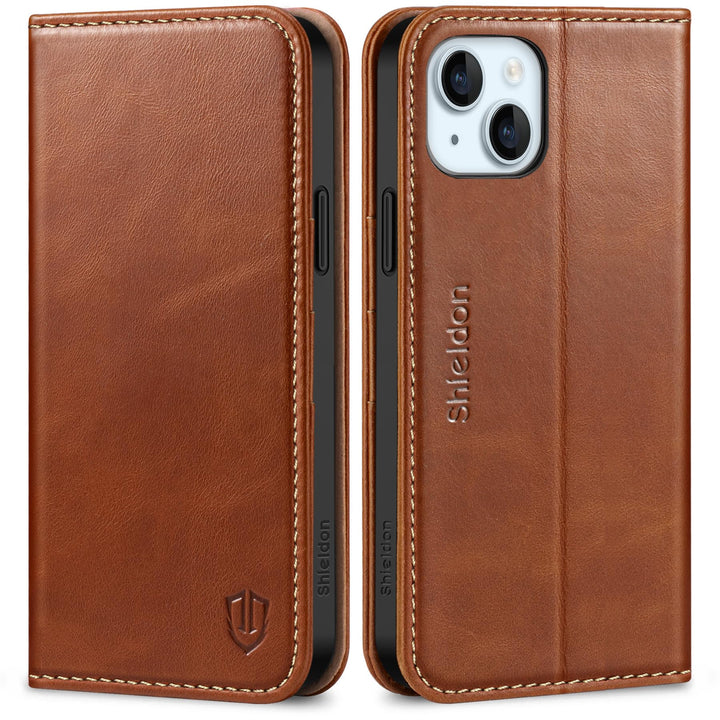 SHIELDON Hülle für iPhone 15 Plus, Handyhülle [Echtleder] [Kartenfach] [Magnet] [Standfunktion] [RFI