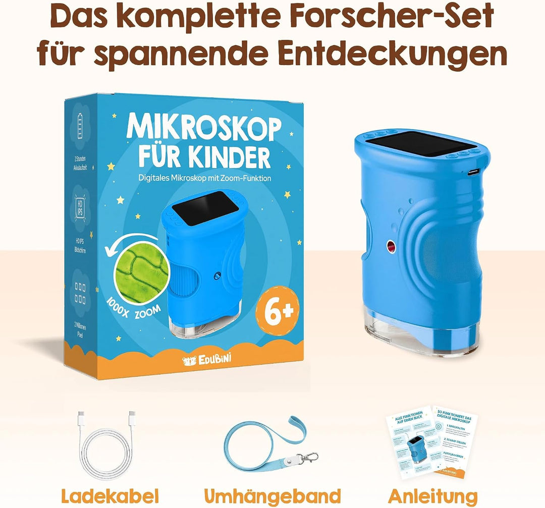 Edubini Digitales Mikroskop für Kinder [1000-fache Vergrösserung] - Tragbares Taschenmikroskop für G