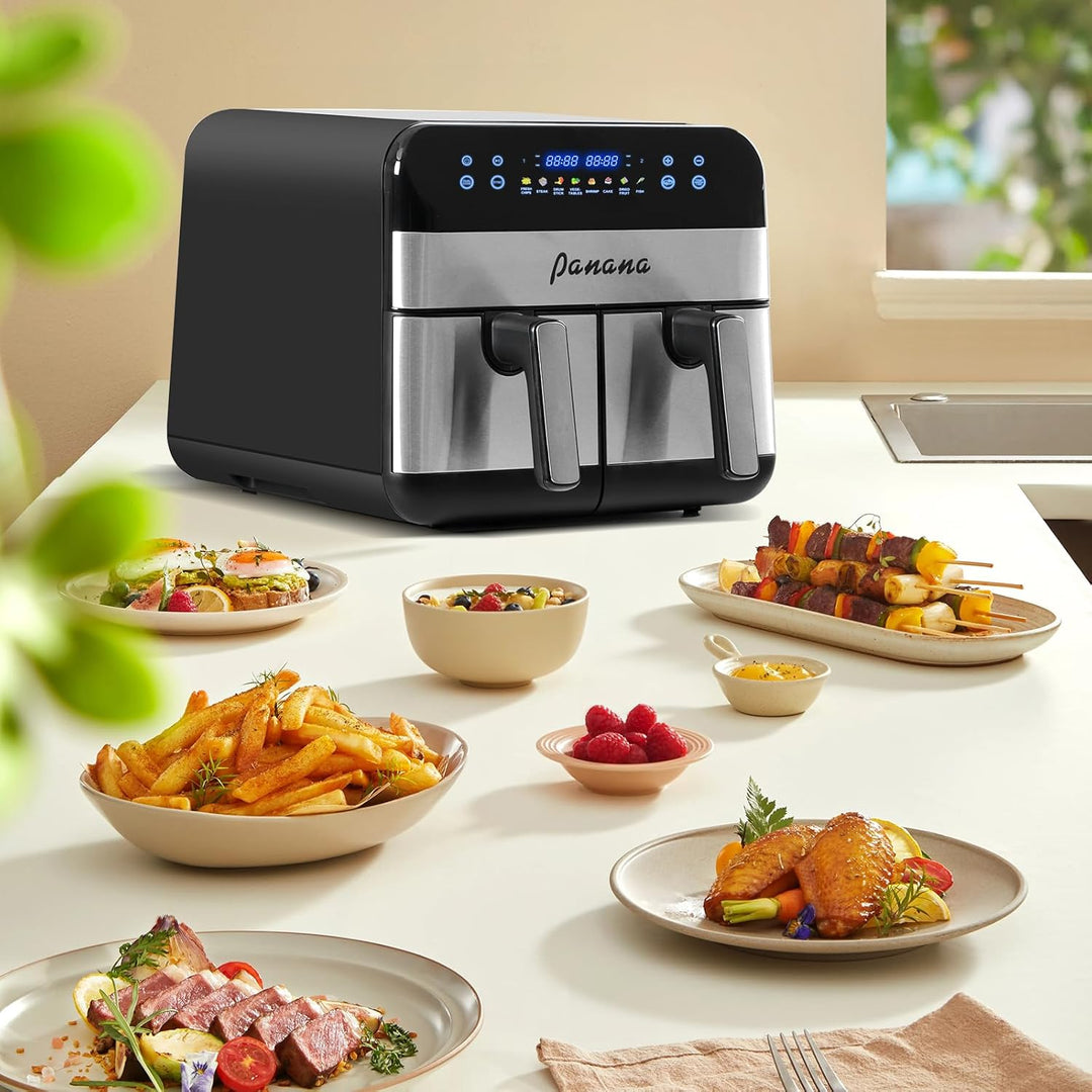 Dual-Zone Airfryer mit 9L Grosskapazität: 8-in-1 Kochfunktionen, geeignet für Airfrying, Braten, Ent