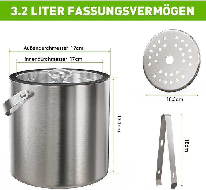 3,2 L Eiswürfelbehälter mit Deckel und Zange，Doppelwandig Isoliert Edelstahl Eiswürfelbehälter für W