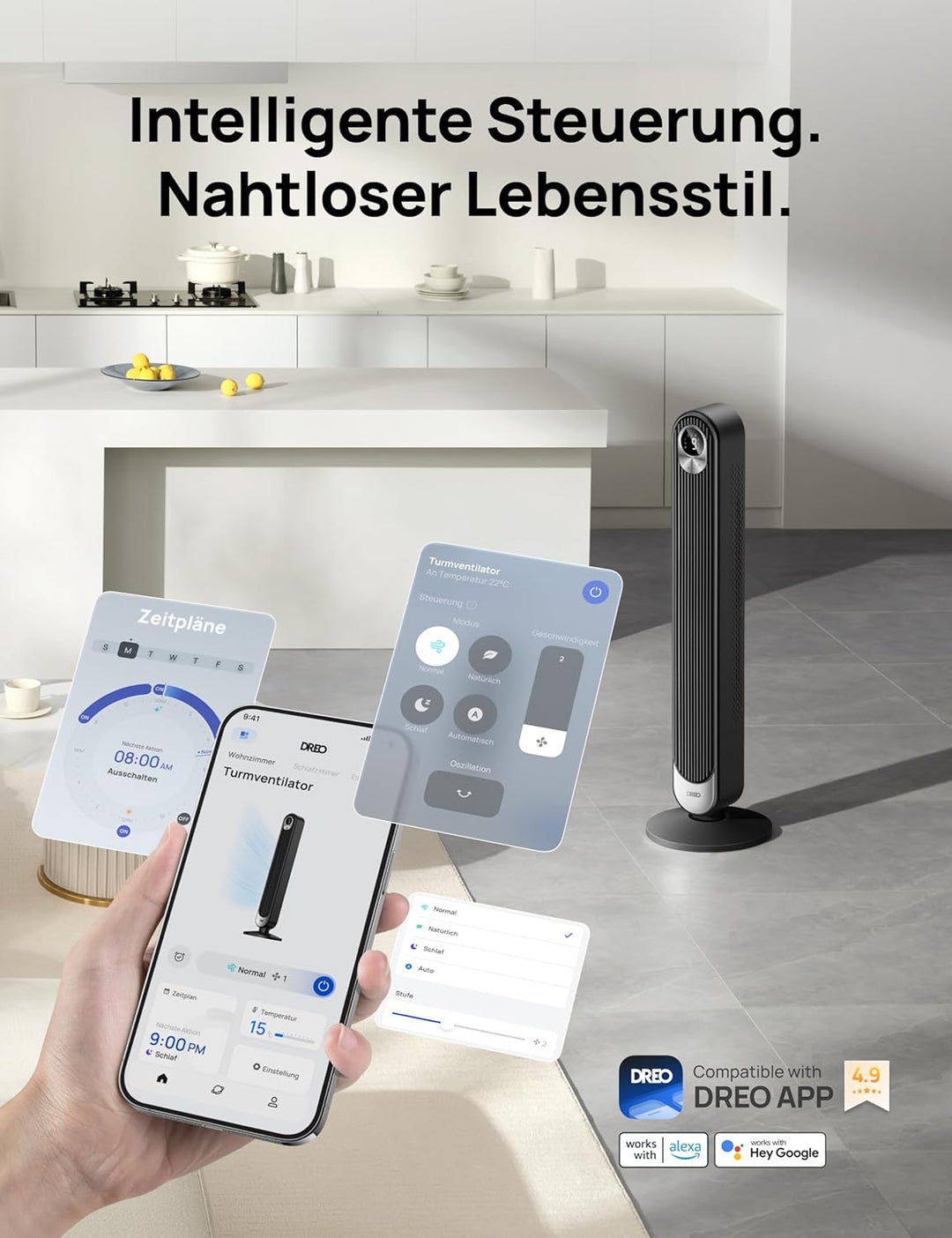 Dreo Smart Turmventilator mit WiFi Sprachsteuerung, Funktioniert mit Alexa, APP Steuerung, 90° Oszil