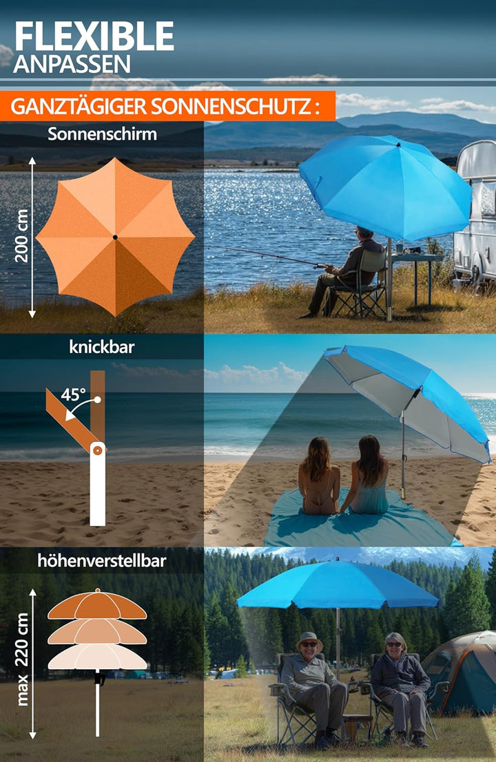 4smile Sonnenschirm Strand Ø 200 cm, 3-in-1 SET mit Rasendorn, Blau | Strandschirm windfest stabil +