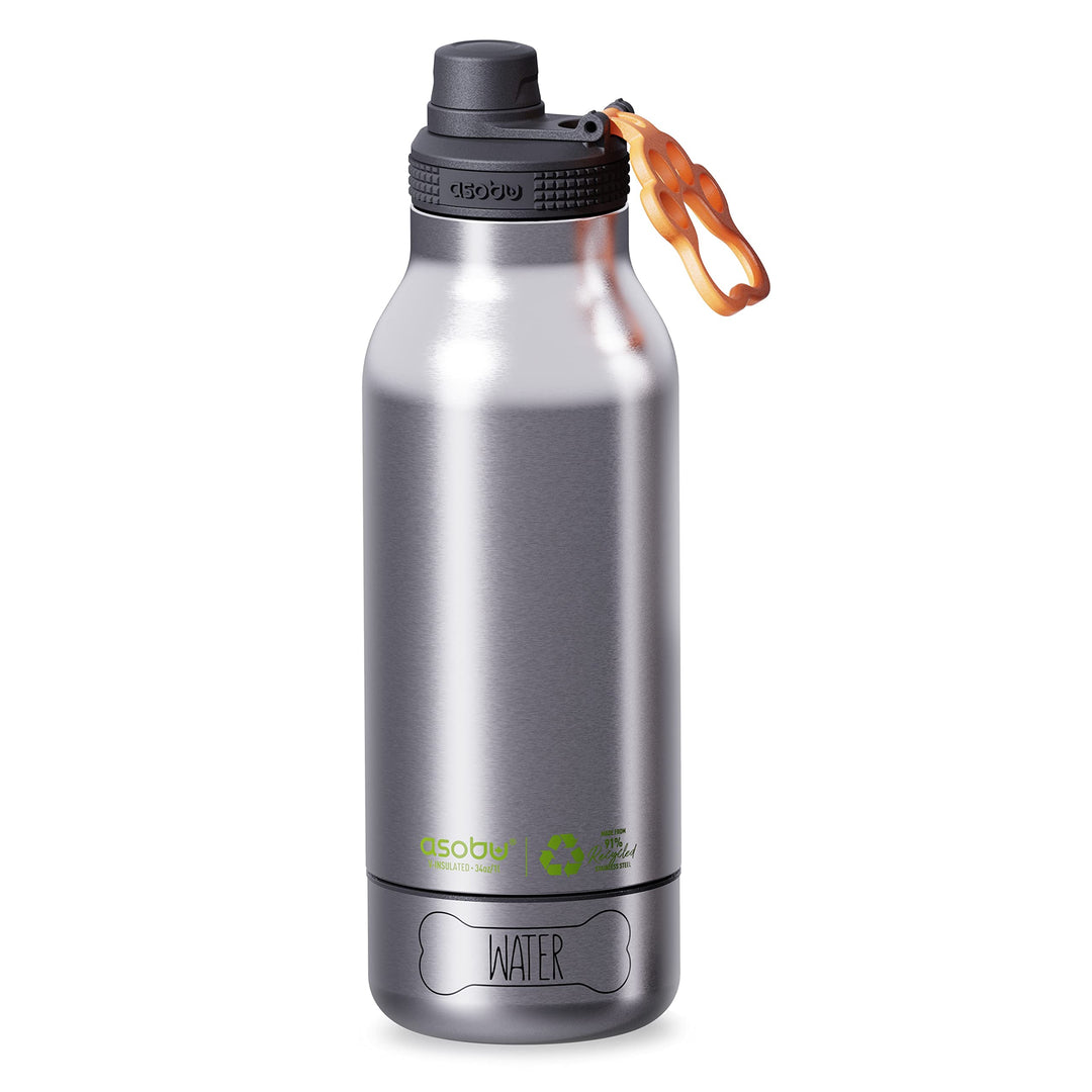 ASOBU - Dog Bowl Buddy - recycelte Edelstahlflasche mit 2 Näpfen Silber