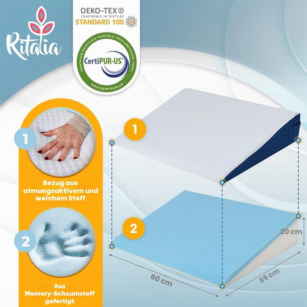 Ritalia® REFLUXKISSEN Erwachsene 65x60x20 cm zur MATRATZENERHÖHUNG mit Gel-Schaum | LESEKISSEN Bett