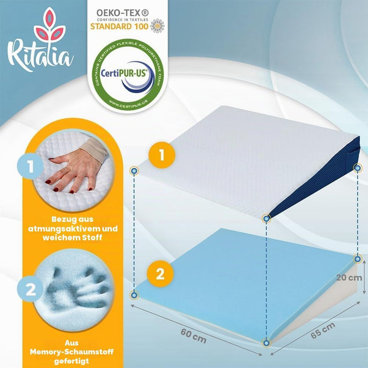 Ritalia® REFLUXKISSEN Erwachsene 65x60x20 cm zur MATRATZENERHÖHUNG mit Gel-Schaum | LESEKISSEN Bett