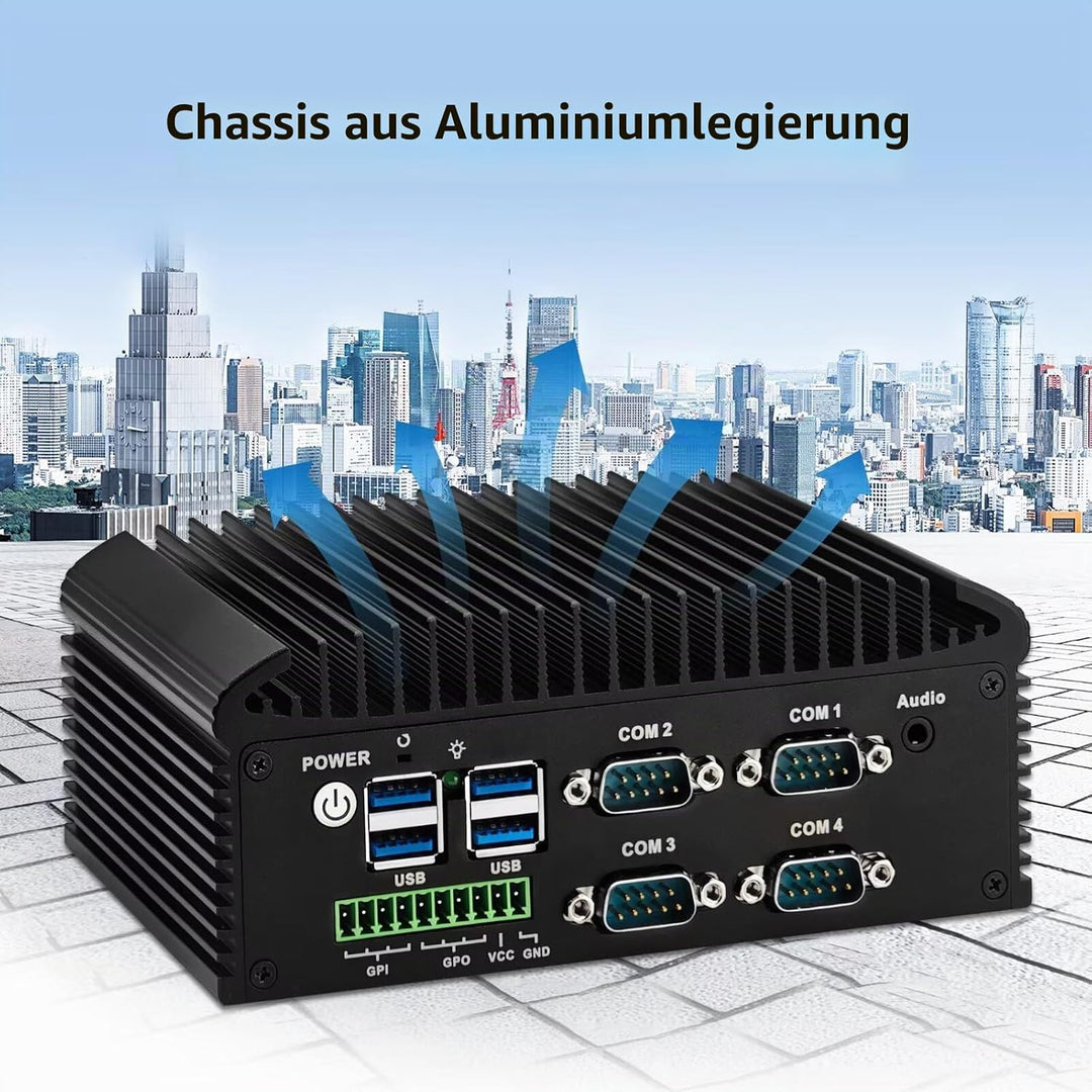 Lüfterlos PC N150(4C/4T) Industrie Mini PC, 4RS232 COM,2RJ45 LAN, 2HD+VGA Triple Display, 6USB, GPIO