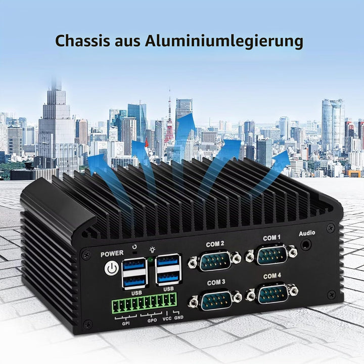 Lüfterlos PC N150(4C/4T) Industrie Mini PC, 4RS232 COM,2RJ45 LAN, 2HD+VGA Triple Display, 6USB, GPIO