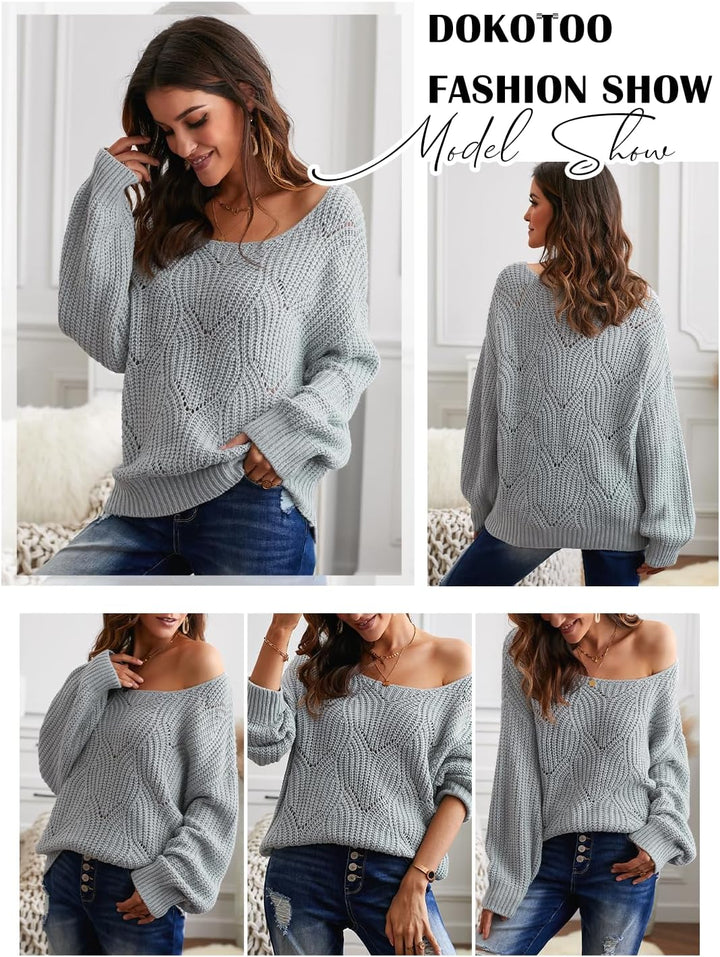 Dokotoo Damen Strickpullover Elegant Rundhals Pullover Herbst Winter Einfarbiger Pulli Oberteil Swea
