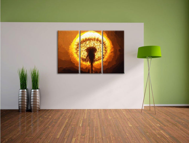 Pixxprint Pusteblume im Abendlicht Pinsel Effekt 3-Teiler Leinwandbild 120x80 Bild auf Leinwand