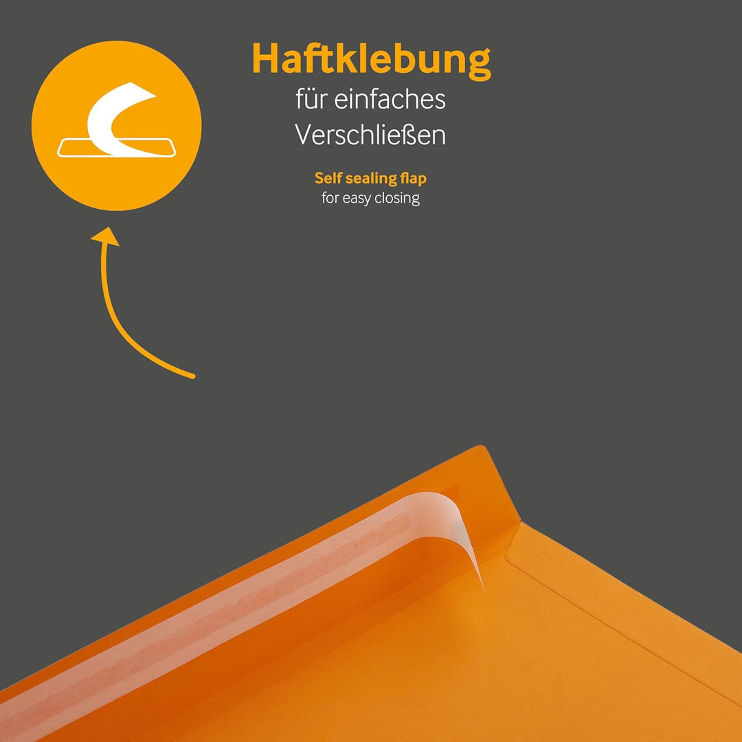50 Stück, Farbige Briefumschläge, DIN C4, Haftklebung mit Abziehstreifen, Gerade Klappe, 130 g/qm Co