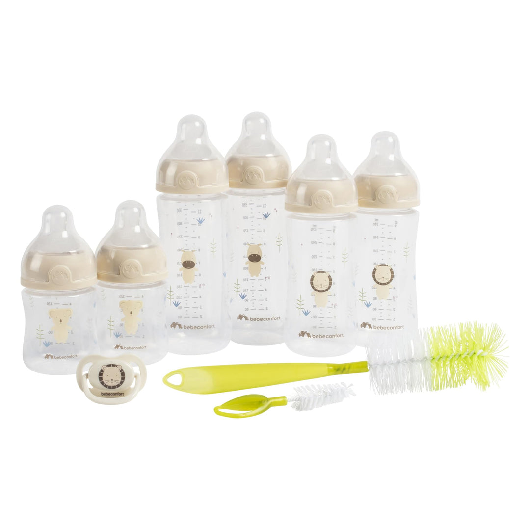 Bebeconfort Physio Air komplettes Flaschenset, Babyflaschen, 0+ Monate, mit 6 Babyflaschen, einem Sc