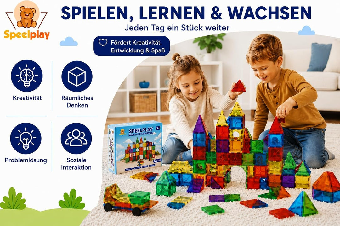 Magnetbausteine 120 PCS Set mit 2 Autos &amp; 4 XL-Basisplatten – STEM-Bauspielzeug für Kinder ab 3 Jahr
