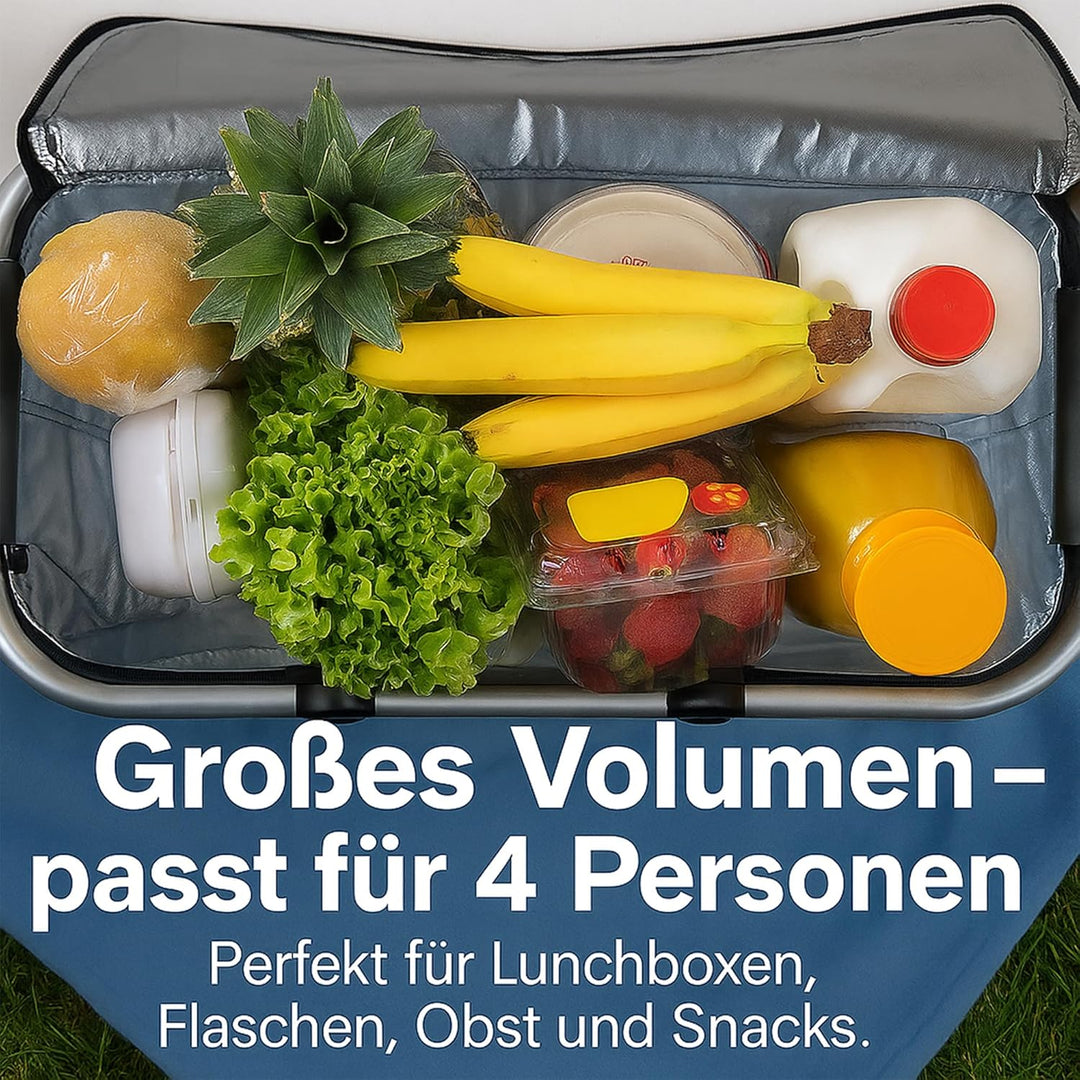 Kühltasche Gross 43x23x21 cm - Isolierte Picknickkorb Thermo mit Aluminiumrahmen - Kühlkorb für Büro