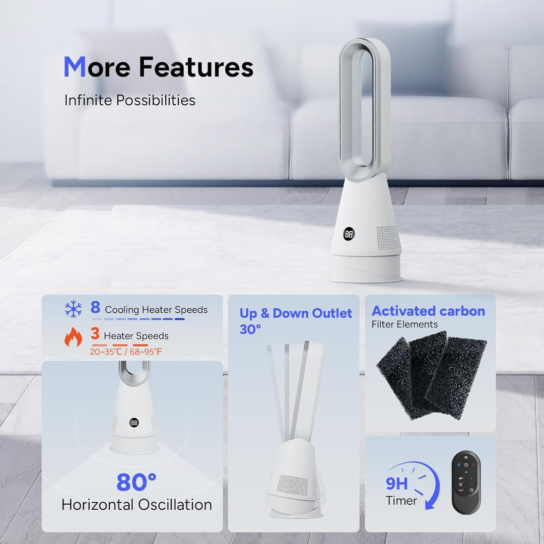 Turmventilator & Heizlüfter (25 Zoll) – 3-in-1, HEPA-Filter, 80° Oszillation, 8 Stufen, 9H Timer & F
