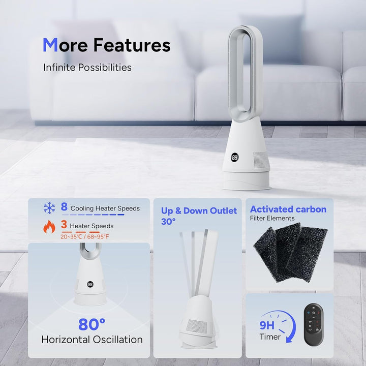 Turmventilator & Heizlüfter (25 Zoll) – 3-in-1, HEPA-Filter, 80° Oszillation, 8 Stufen, 9H Timer & F