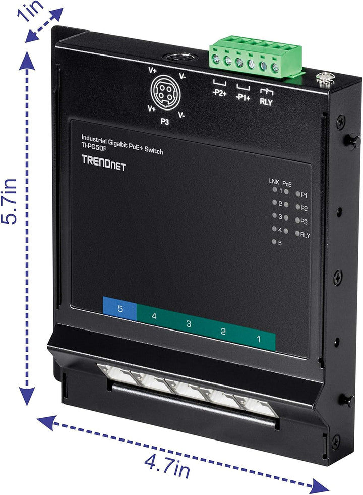 TRENDnet TI-PG50F Industrieller Gigabit-Poe+-Switch mit 5 Ports zur Wandmontage von vorne, 5X Gigabi