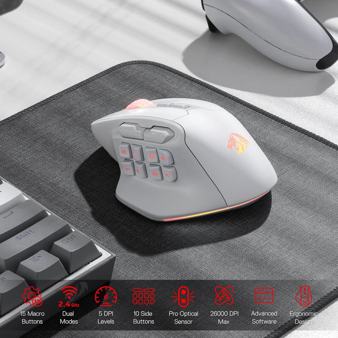 Redragon M811 PRO kabellose MMO-Gaming-Maus, 15 programmierbare Tasten, RGB-Gamer-Maus mit ergonomis
