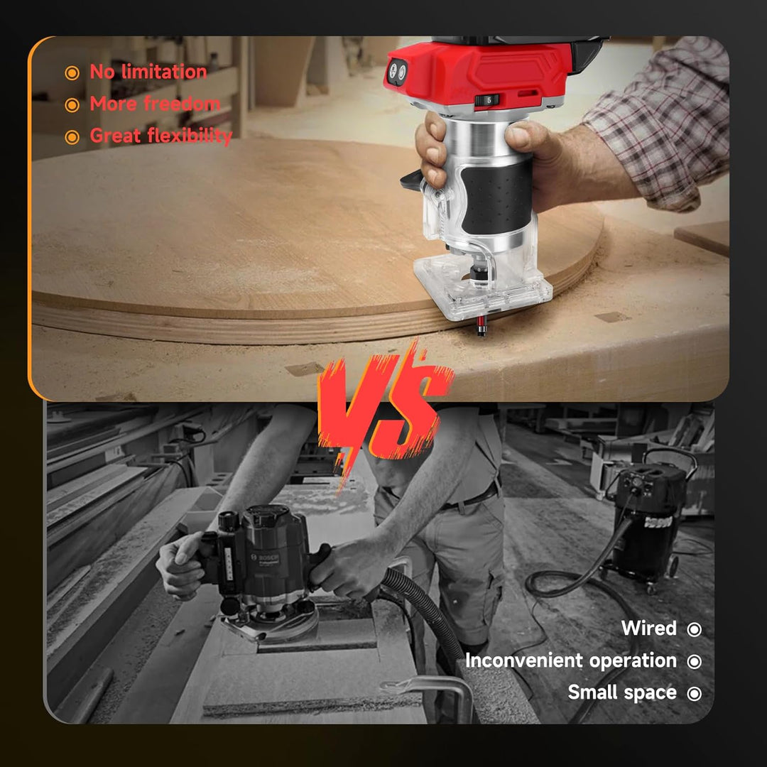 Akku Oberfräse kompatibel für Milwaukee 18V Batterie, 800W bürstenloser Trimmer Router mit 5 Gängen,