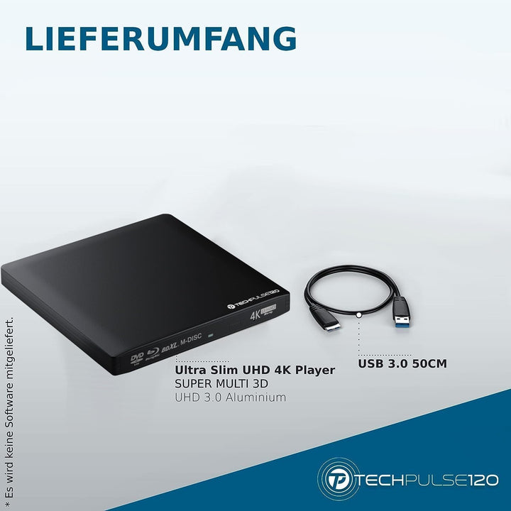 techPulse120 Externes UHD 4k 3D M-Disc BDXL USB 3.0 Laufwerk Blu-ray Brenner Burner Superdrive Slim