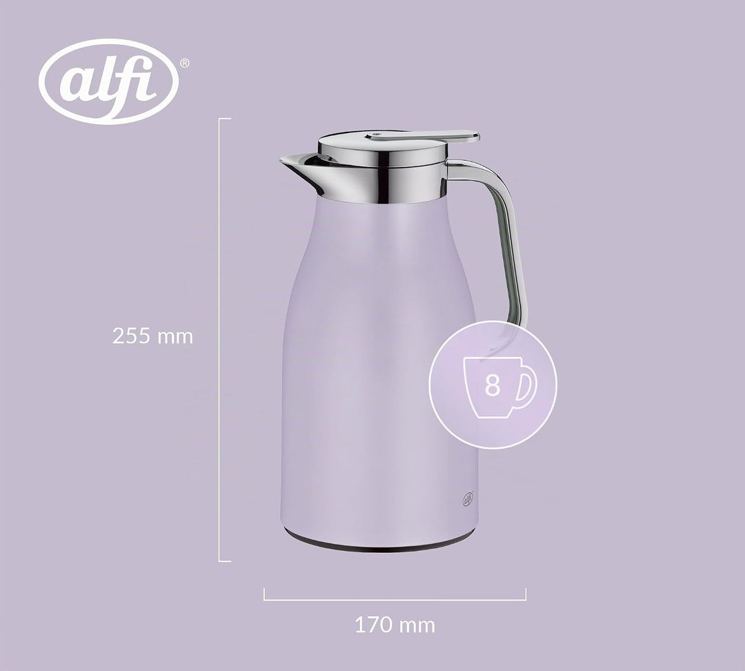 alfi SKYLINE 1,0l, pastel lavendel, Edelstahl-Isolierkanne mit hygienischem Hartglaseinsatz, Drehver