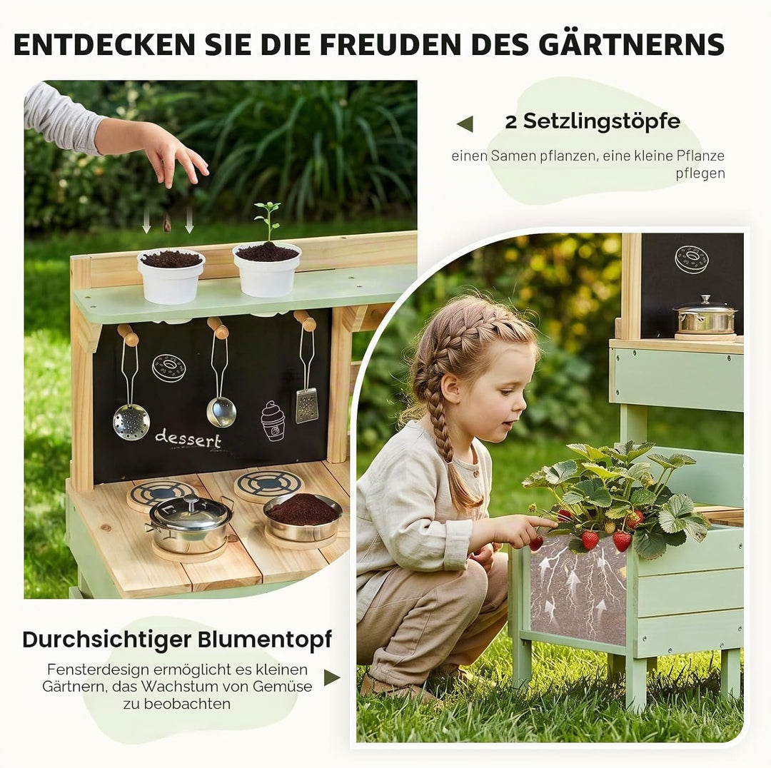Labebe Matschküche Kinder Outdoor, 3-in-1 Matschküche mit Pflanzkasten und Insekten-Beobachtungsbox,