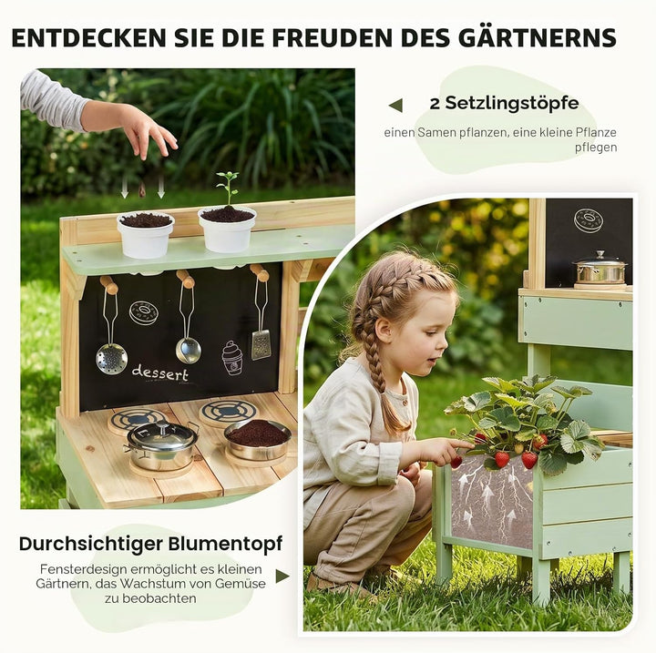 Labebe Matschküche Kinder Outdoor, 3-in-1 Matschküche mit Pflanzkasten und Insekten-Beobachtungsbox,
