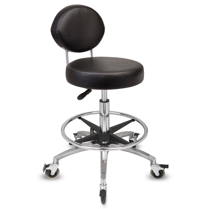 Staboos Rollhocker bis 160 kg - Premium Sitz rund mit Lehne und Fussstütze - Praxishocker (Premium R