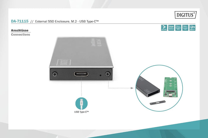 DIGITUS - DA-71115 - Festplattengehäuse SSD - M.2 - USB 3.1 Typ-C - SATA III - schwarz, M.2 - USB 3.