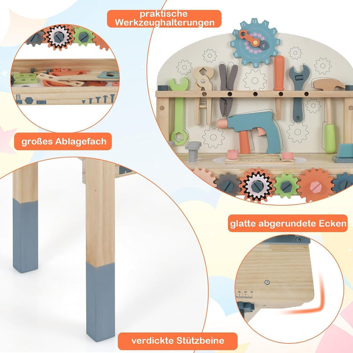 DREAMADE Werkbank Kinder, Werkzeugbank für Kinder aus Holz mit 63 Zubehör, Werkzeug Spielzeug Set mi