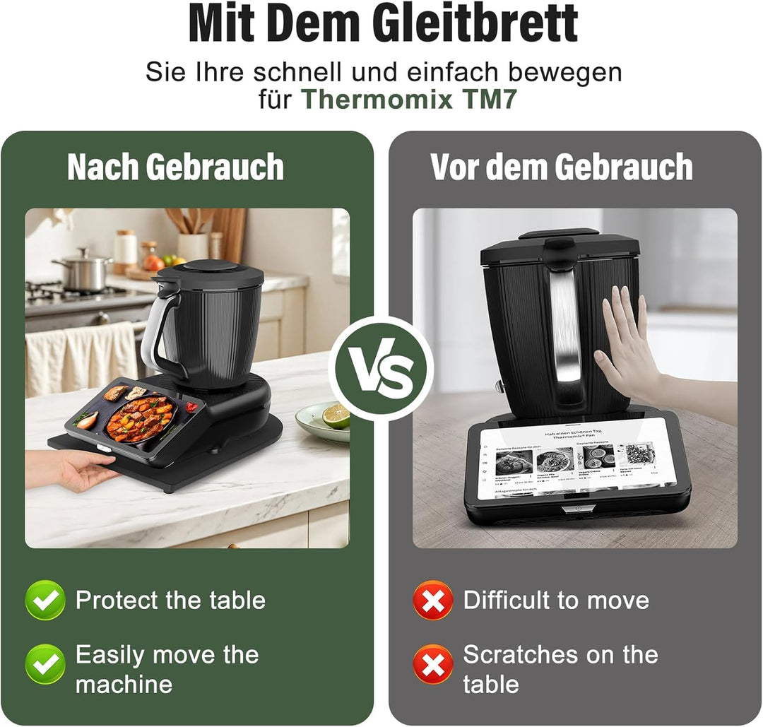 Gleitbrett für Thermomix TM7,Bambus Brett für Thermomix mit 360° leisen Rollen,TM7 Gleitbrett mit Ru