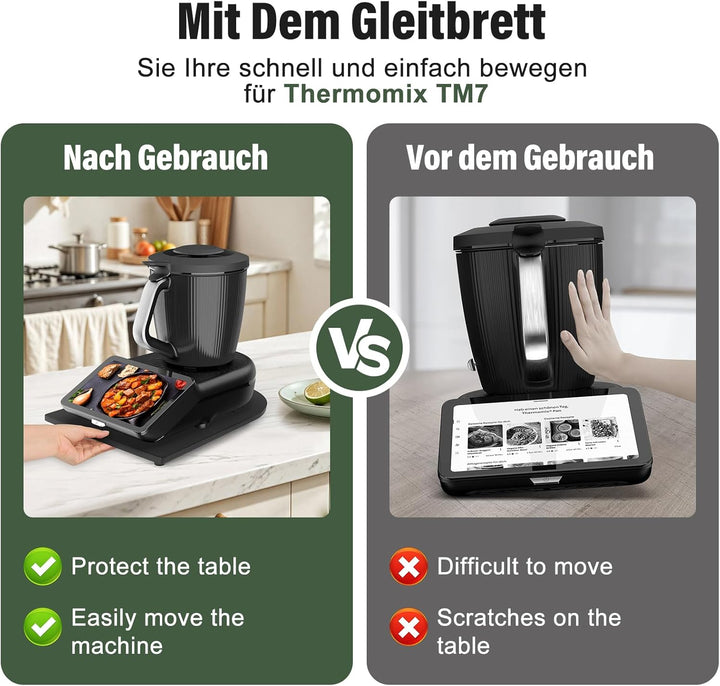 Gleitbrett für Thermomix TM7,Bambus Brett für Thermomix mit 360° leisen Rollen,TM7 Gleitbrett mit Ru