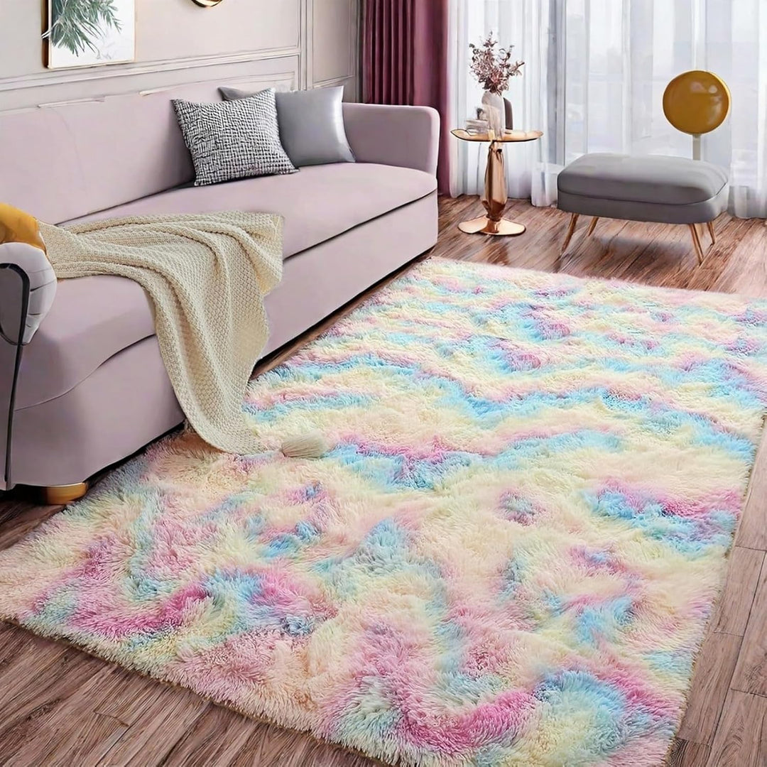 SUBEEN Teppich Wohnzimmer Hochflor - Flauschiger Plüschteppich, moderner Stil, Farbiger Teppich für